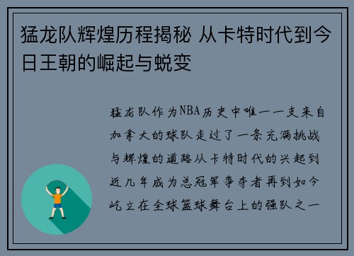 猛龙队辉煌历程揭秘 从卡特时代到今日王朝的崛起与蜕变
