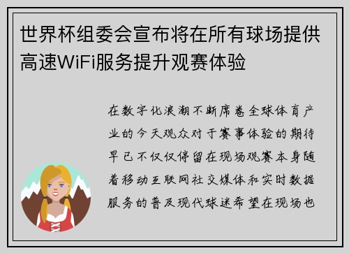 世界杯组委会宣布将在所有球场提供高速WiFi服务提升观赛体验